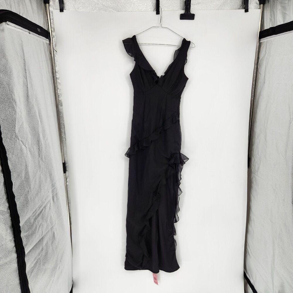 Pretty Little Things Women's Black Size 0 Asymmetric Frill Split Maxi Dress NWT
